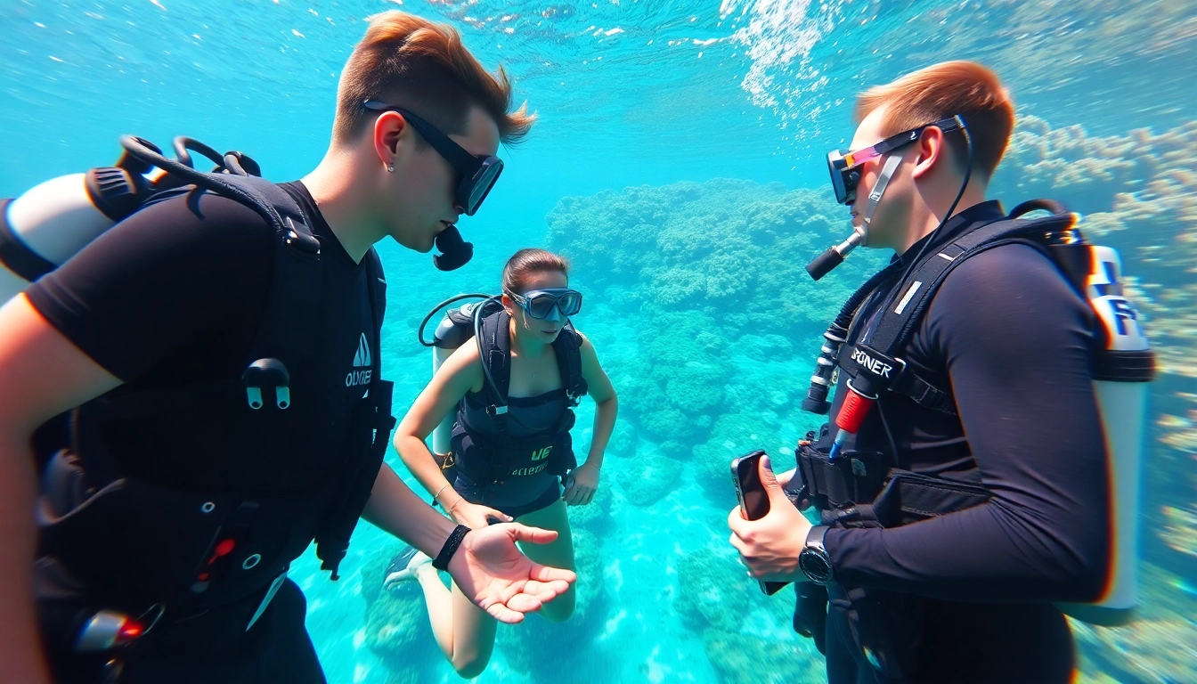 Tauchschule mit professionellem Taucher, der Schüler unter Wasser anleitet.