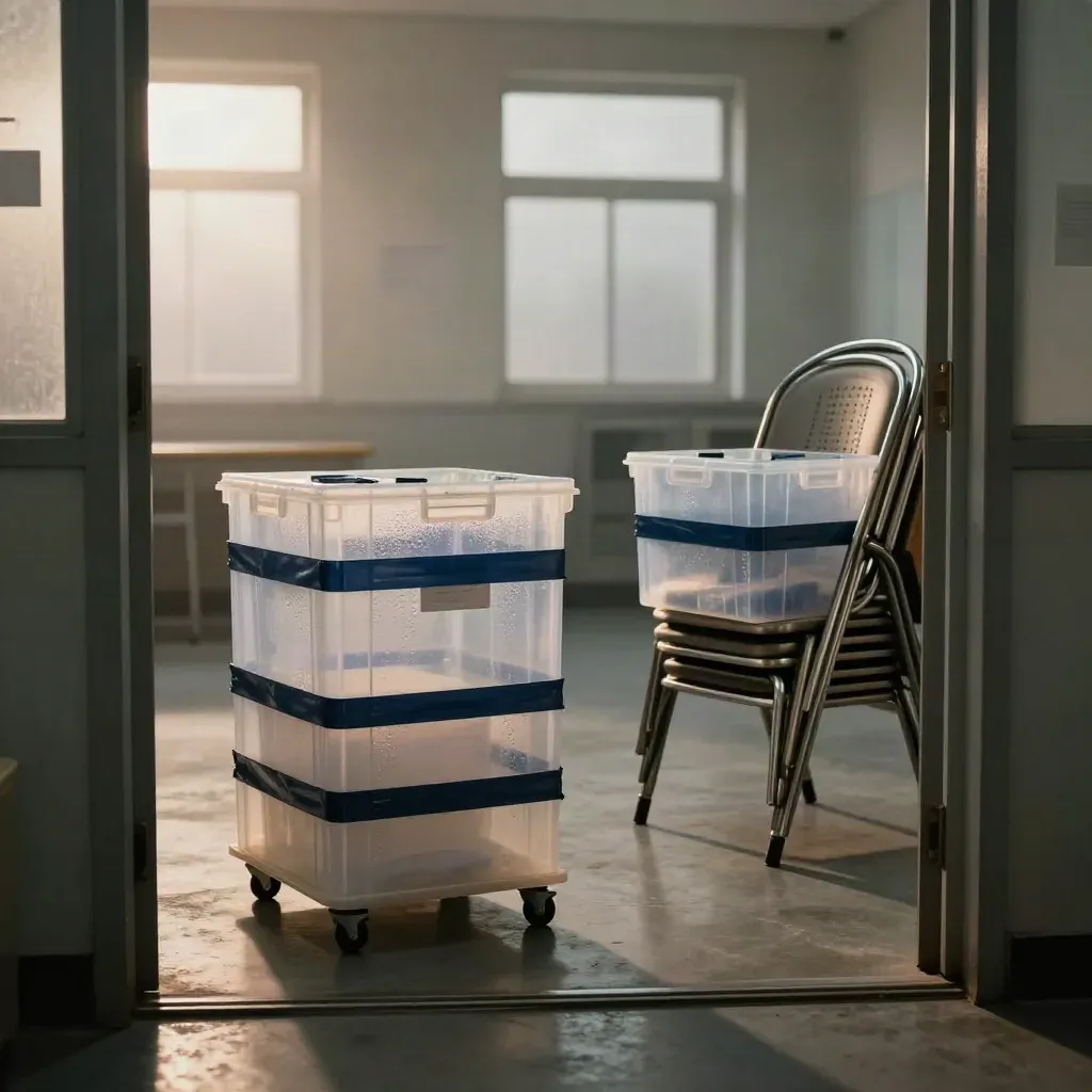 Foggy vote-count room with ballot crates and stacked chairs seen from the doorway