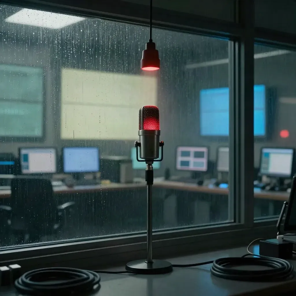 Rainy newsroom with a glowing tally lamp and microphone at dawn
