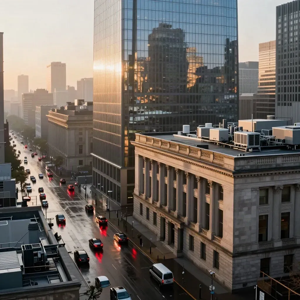 Dawn city corner with finance tower, government facade and data-center roofline in wet traffic light.