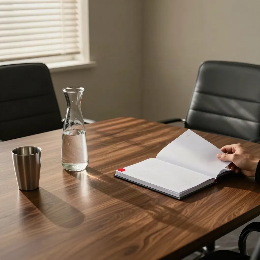 Empty negotiation table with carafe and briefing folders under harsh window glare.