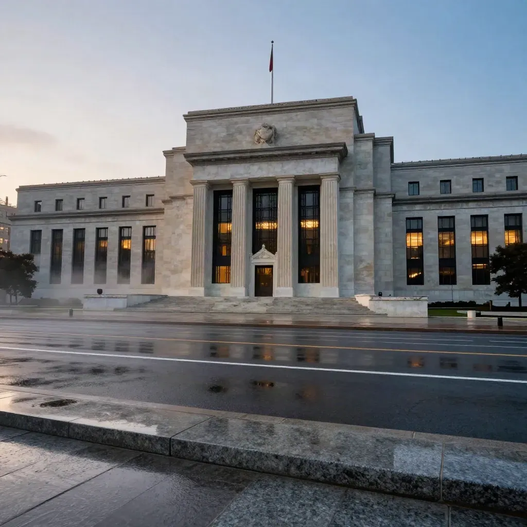 Federal Reserve building at blue hour with wet steps, mist, and glowing windows.