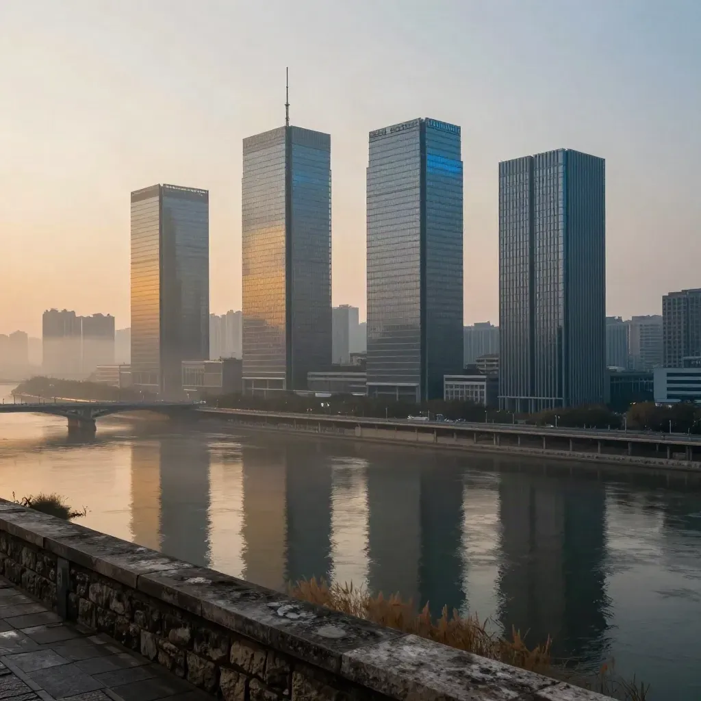 Dawn skyline of financial towers reflected in a misty river beside a lit bridge and antenna.