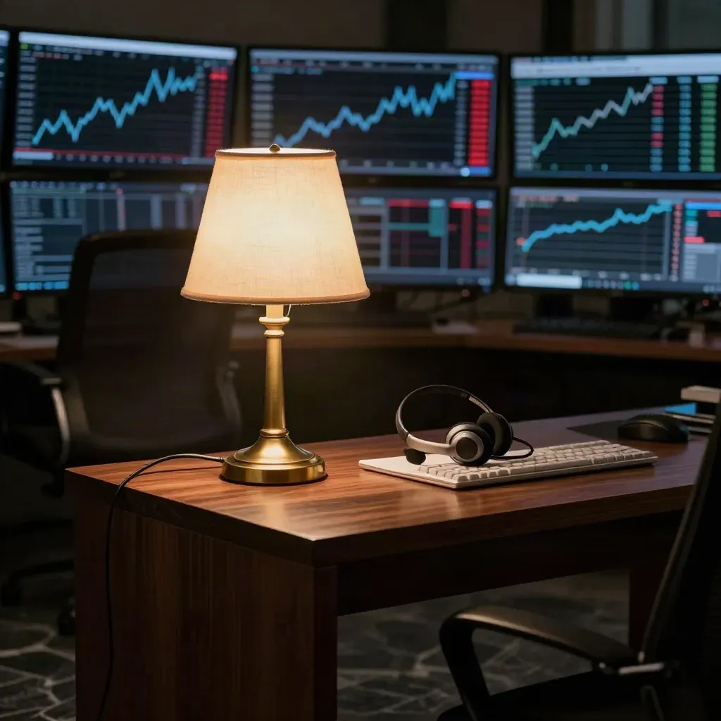 Empty trading desk with glowing bond screens, a desk lamp, and tense market atmosphere
