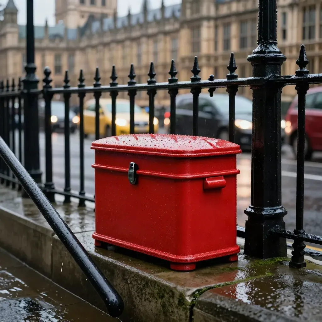 Crimson budget box on wet Westminster stone beside iron railings in rain
