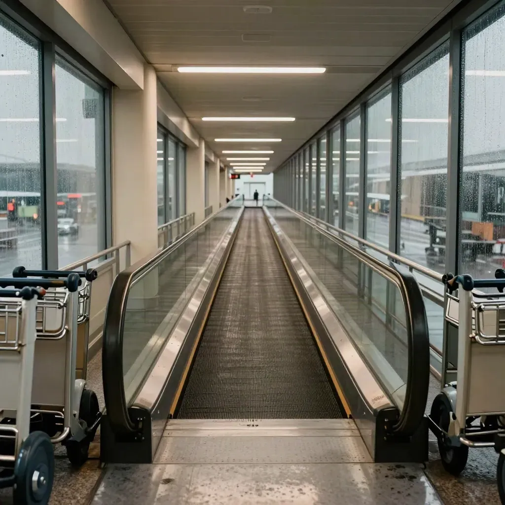 Empty airport gate corridor with wet glass, luggage carts and a silent walkway after a storm.
