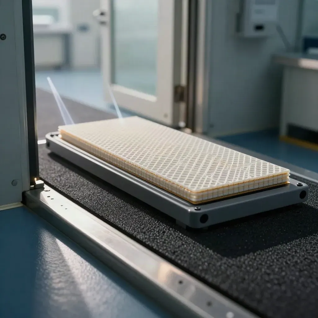 Silicon wafers gliding in a carrier beside foam toward a cleanroom doorway.