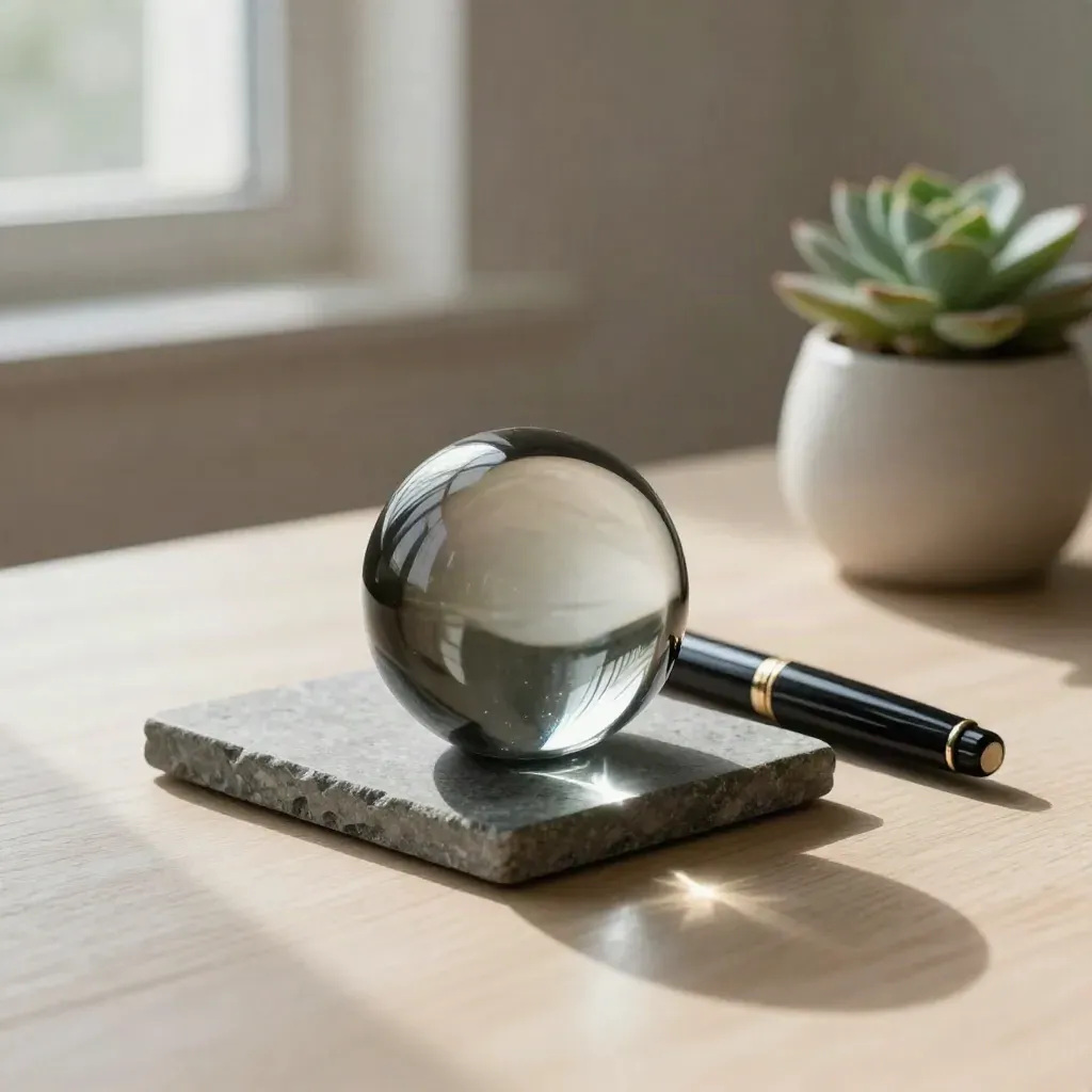Dark paperweight, fountain pen, stone tray, and small succulent on a pale wood desk in morning light.