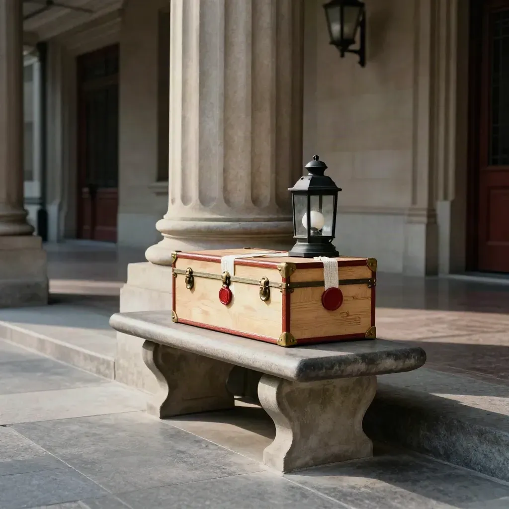 Sealed case boxes on a courthouse bench beneath lanterns and columns