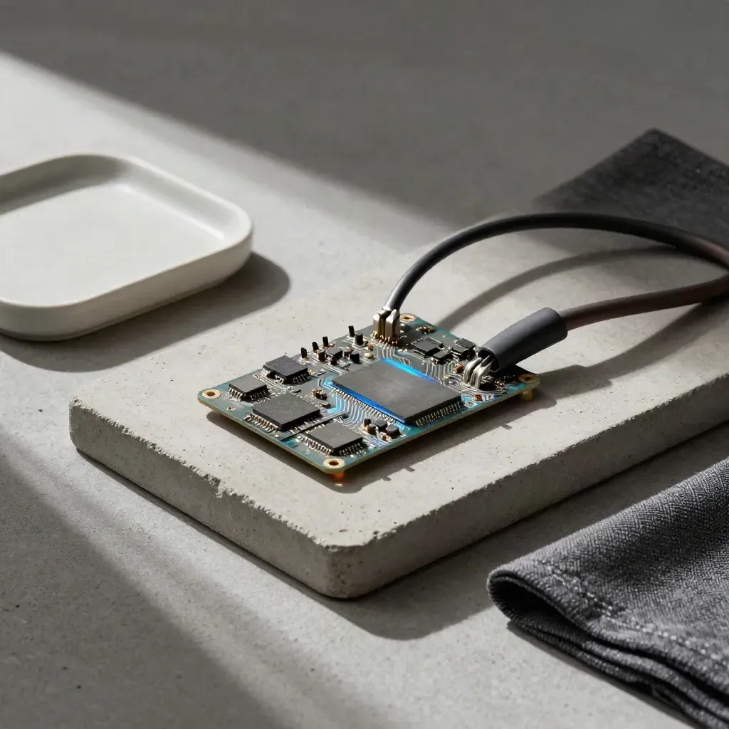Silver circuit board module on a concrete tray with cable, ceramic tray, and graphite cloth.