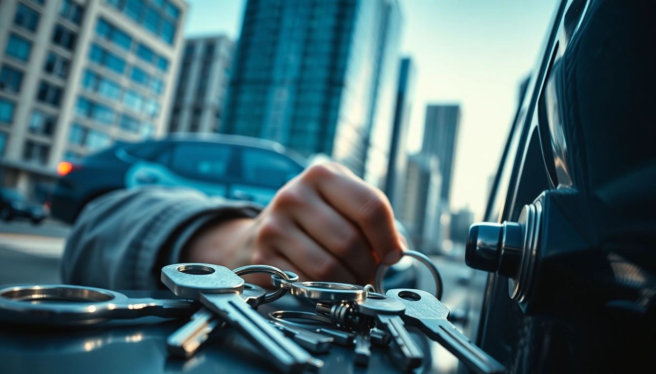 Emergency locksmiths in St. Louis, MO assisting a customer with a vehicle lock issue in an urban setting.