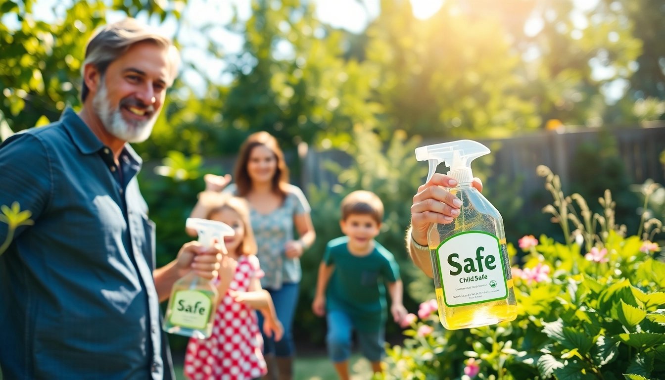 Applying child safe bug treatment, a family enjoying a pest-free garden environment.
