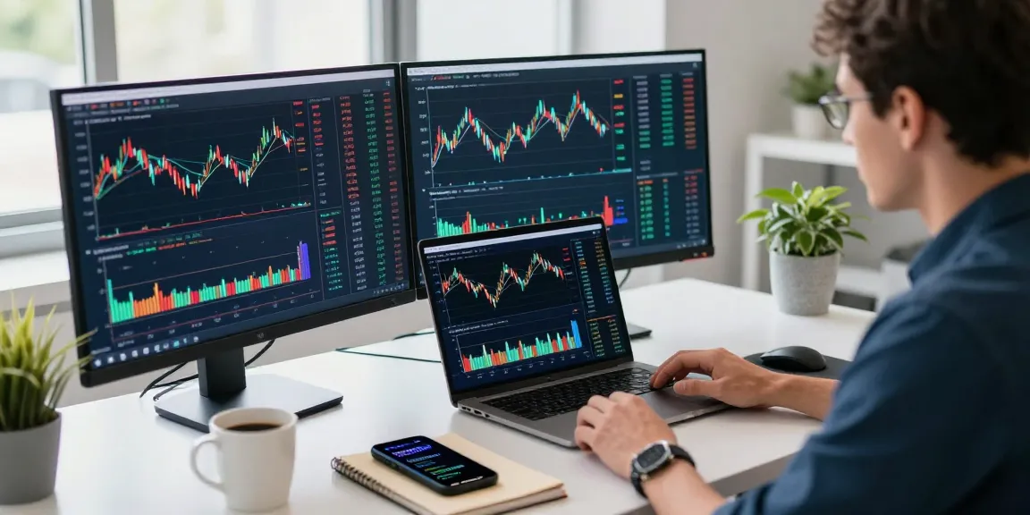 在TradingView官网上分析市场趋势的交易者，双屏显示实时数据。