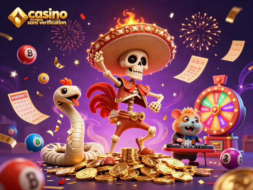 Jouez dans un casino en ligne sans vérification avec une illustration dynamique de personnages festifs et éléments colorés.