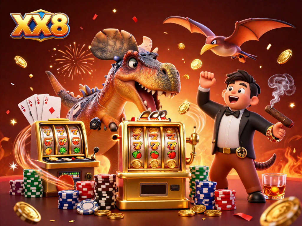 Experience XX8 excitement as a pachycephalosaurus hits a golden slot machine amid casino chaos.