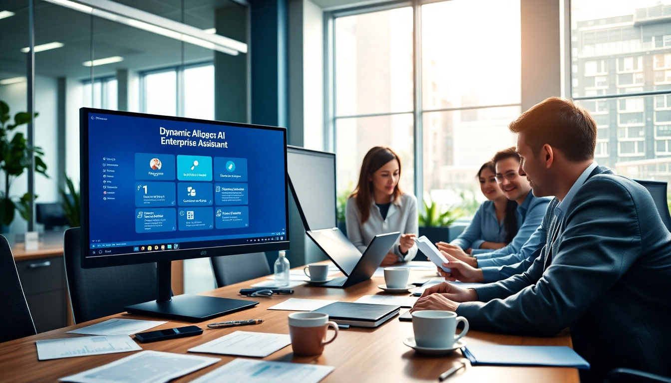 Group of professionals engaging with an enterprise assistant in a modern office setting