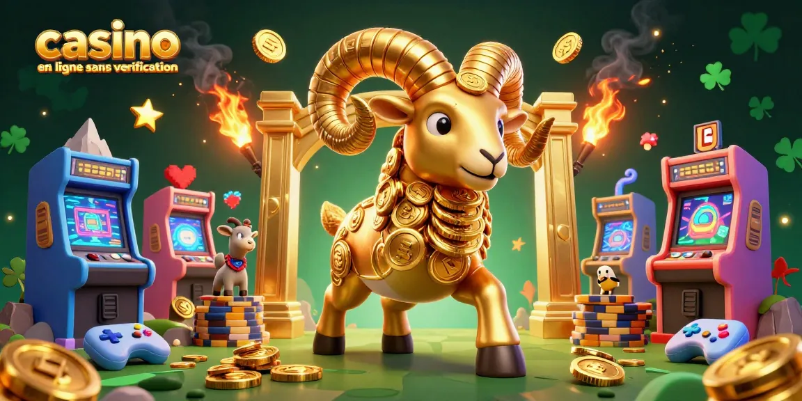 Jouez dans un casino en ligne sans verification avec un bélier doré et des machines à arcade lumineuses.