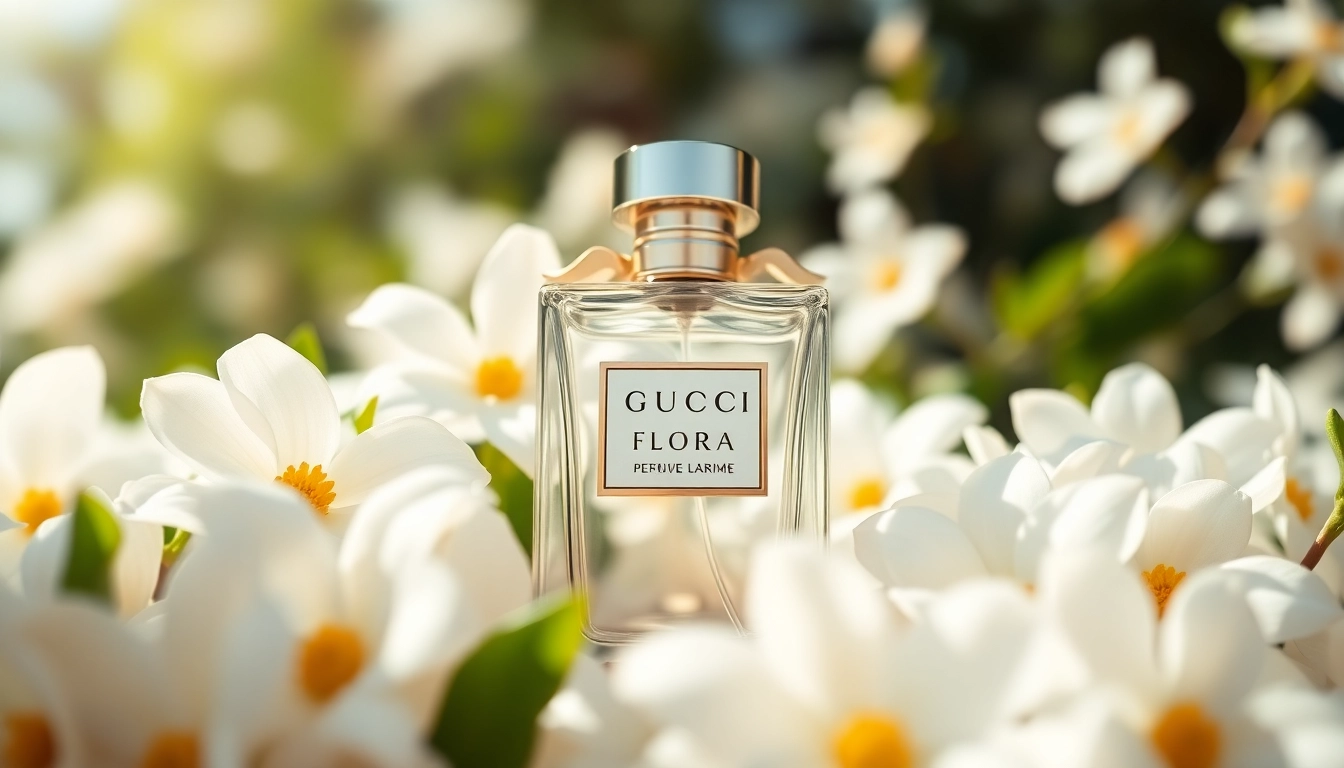 Showcasing Gucci Flora perfume bottle amidst jasmine flowers for an elegant presentation.