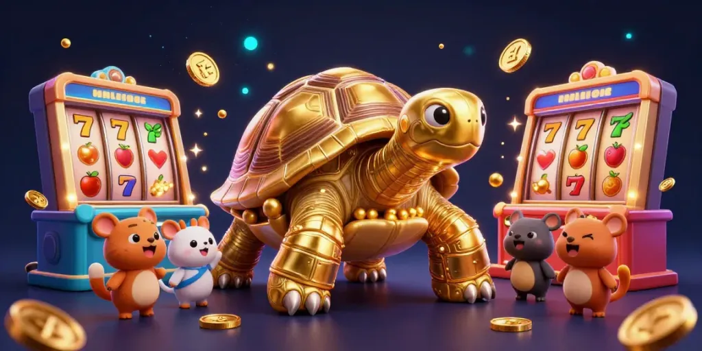 Engaging illustration of a colossal golden tortoise pinball machine surrounded by slot game elements like reels and lucky 7s.