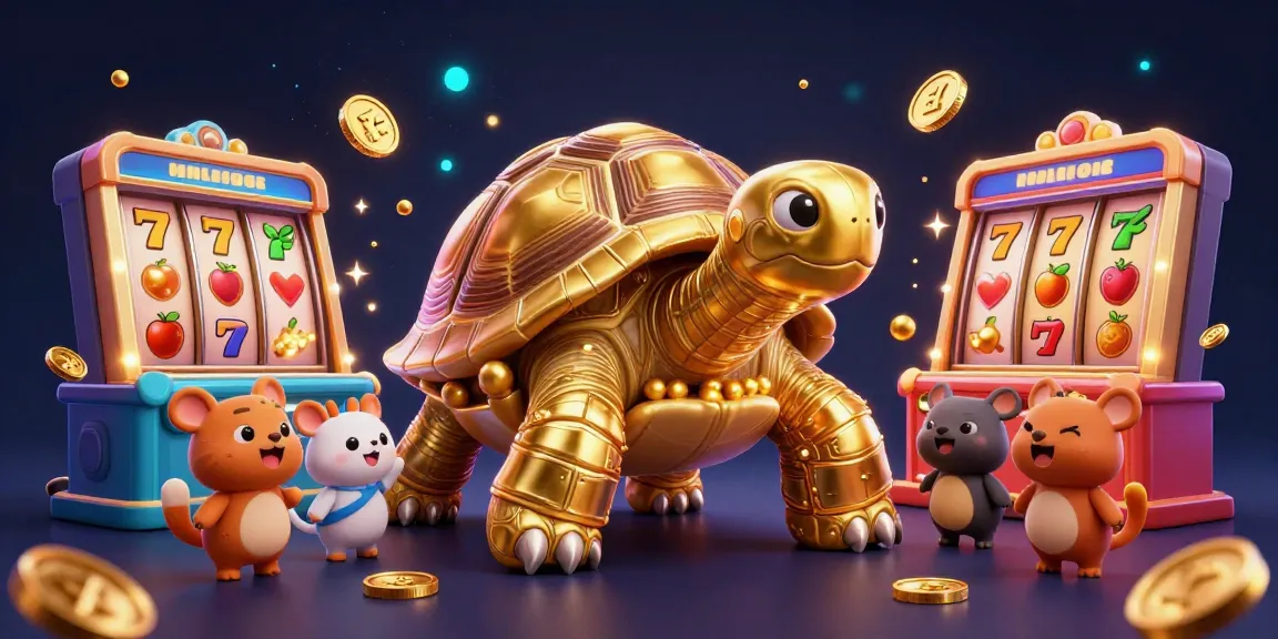 Engaging illustration of a colossal golden tortoise pinball machine surrounded by slot game elements like reels and lucky 7s.