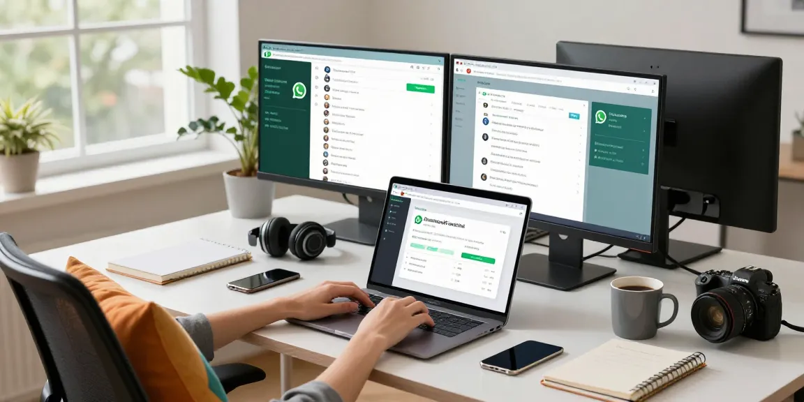 Engaging workspace with WhatsApp網頁版 on display, dual screens showing messages.