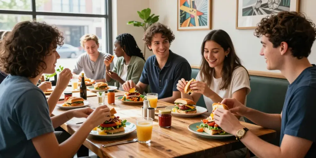 Enjoying the best brunch Austin offers with friends, featuring delicious NYC-inspired breakfast sandwiches.