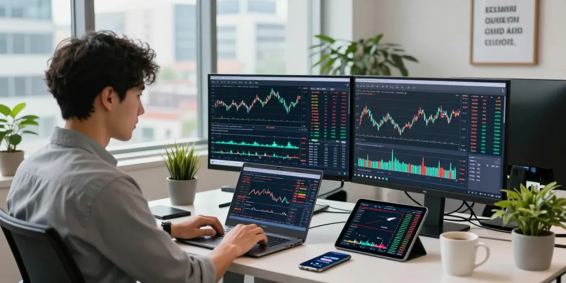 Trader focused on MetaTrader 5 platform in modern office with real-time charts and analytics.