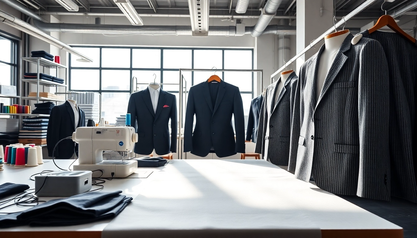 Apparel Manufacturer crafting quality blazers with vibrant fabrics in a stylish studio.
