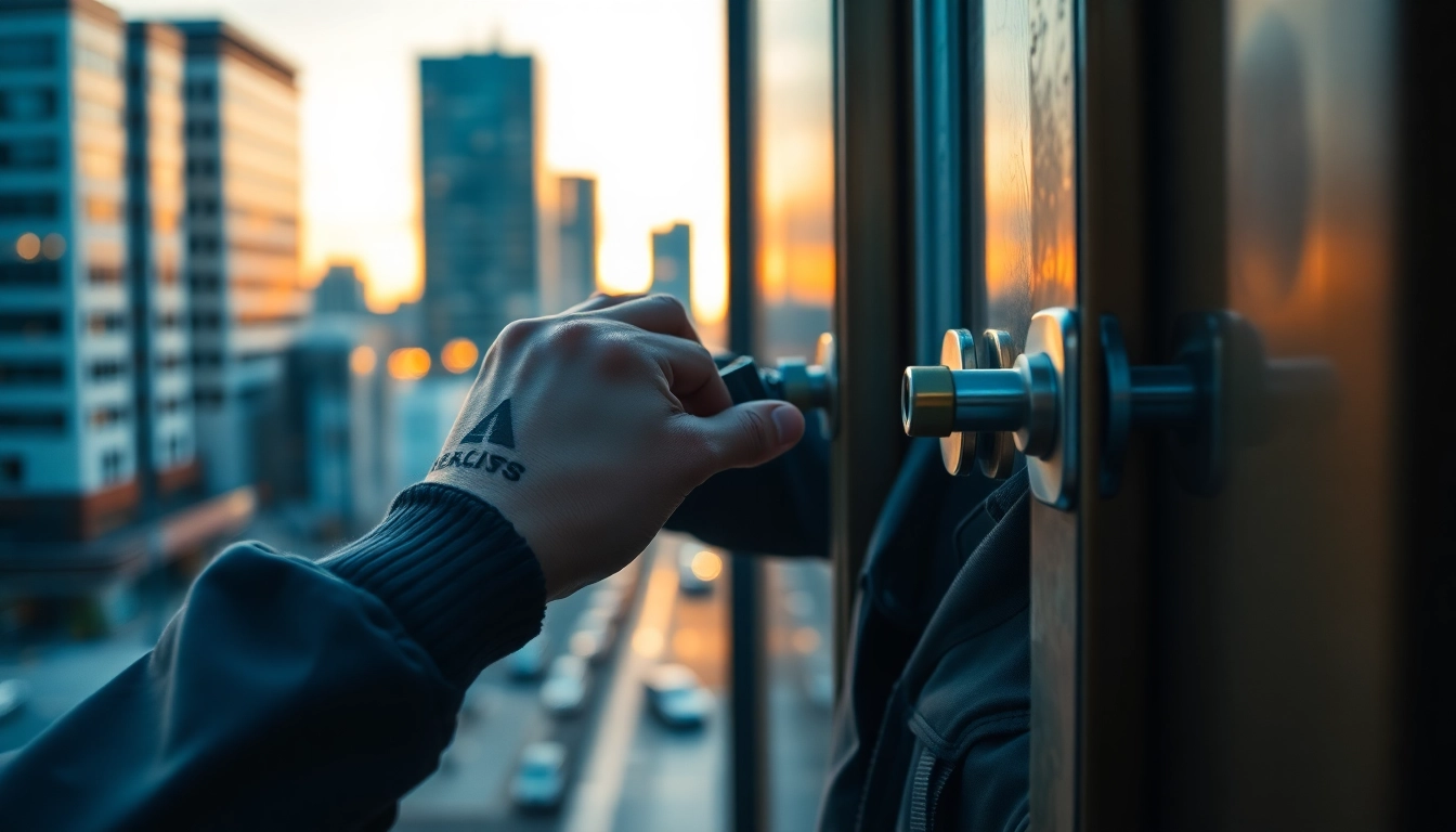View of a skilled 24h locksmith unlocking a door in an urban area, emphasizing reliability and expertise.