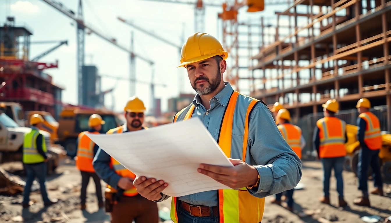 New Jersey Construction Manager reviewing blueprints on a lively construction site.