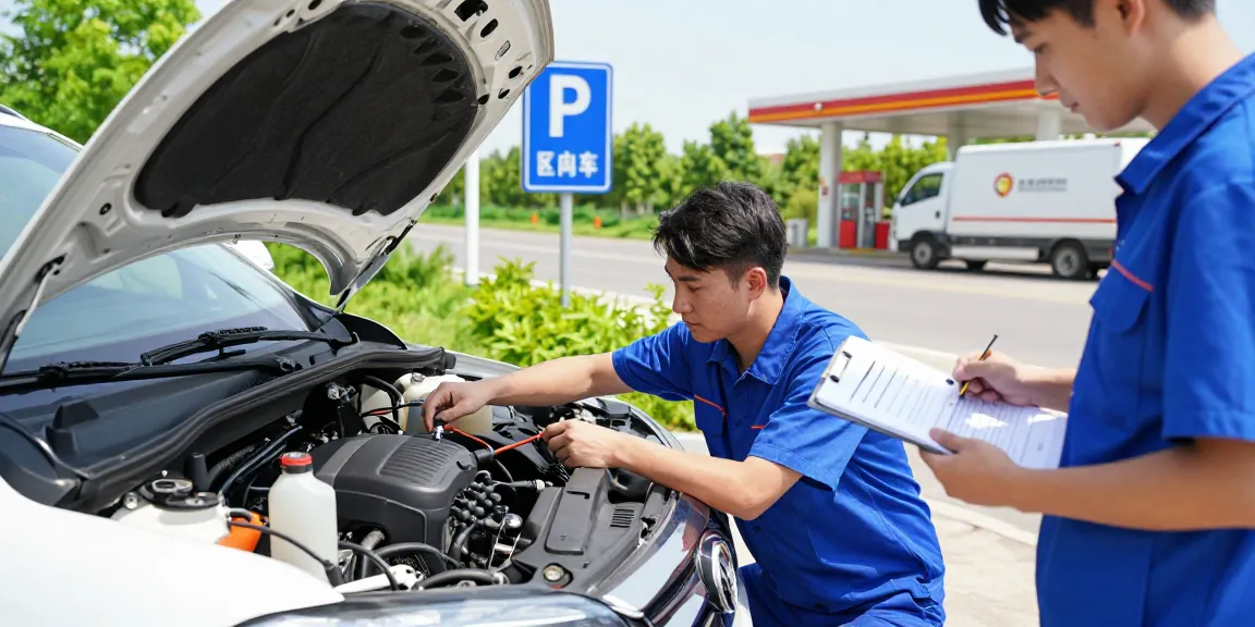Professional technician resolving issues with Adblue in diesel car at roadside service.
