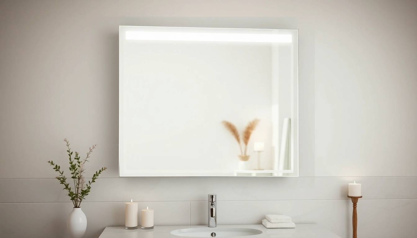 Stylish bathroom mirror with LED light reflecting a sophisticated vanity setup.