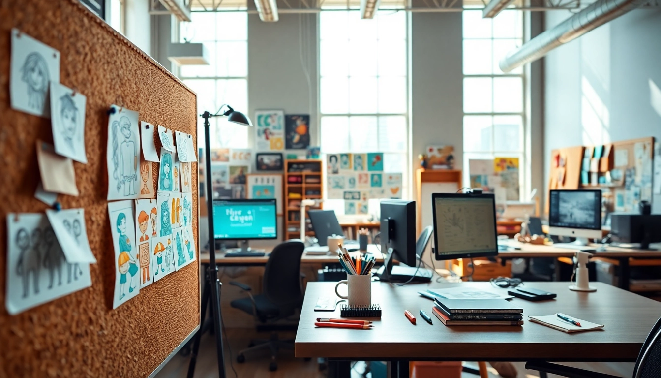 Animationsstudio featuring artists creating vibrant animation characters in a bright workspace.