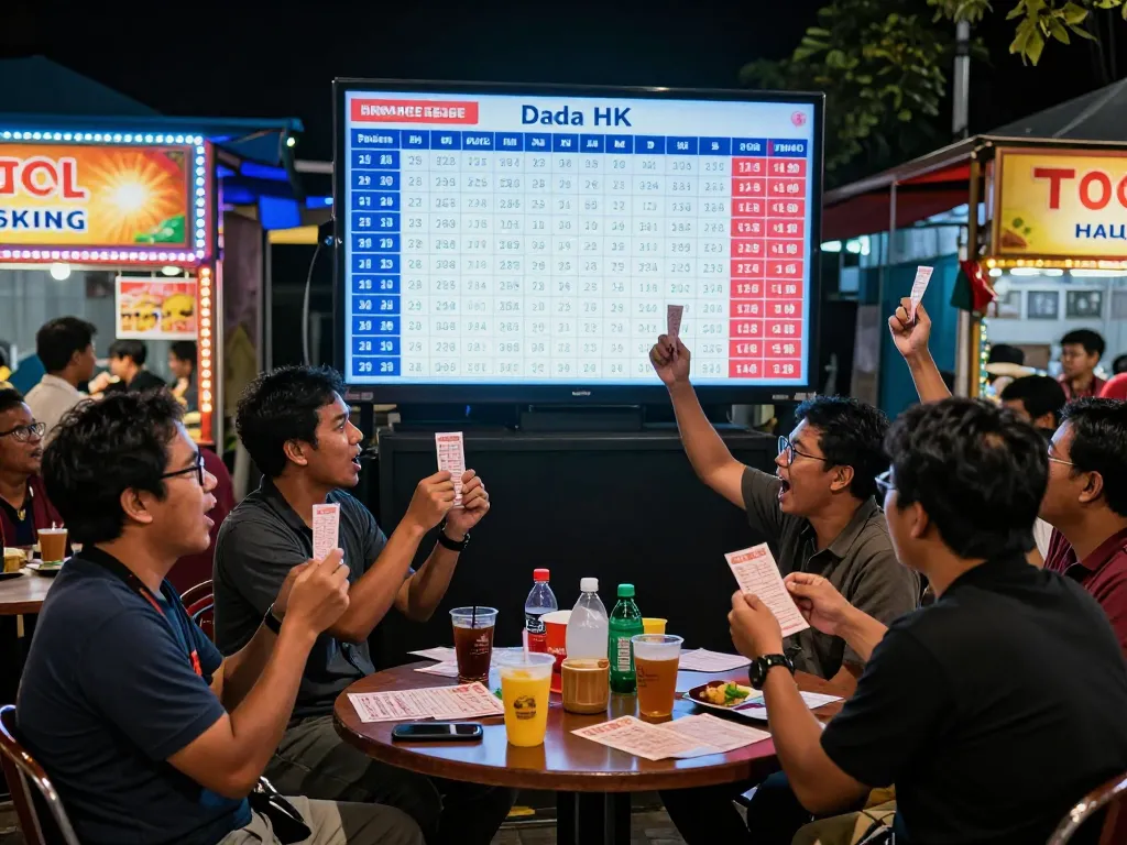 Excited players checking Data HK results in a vibrant Togel Hongkong betting scene.