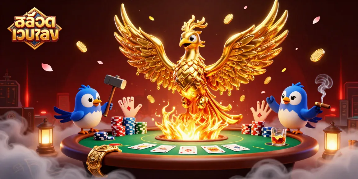 Engage with สล็อตเว็บตรง through a stunning illustration showcasing a cartoon phoenix, coins, and poker elements.
