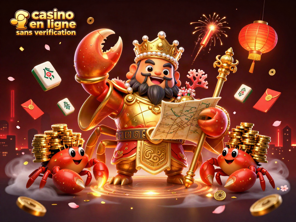 Jouer sur un casino en ligne sans verification avec un crabe doré majestueux entouré de pièces et lanternes.