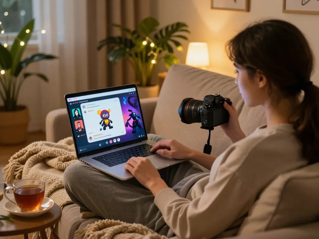 A user interacting with an engaging AI slut chatbot on a cozy couch, showcasing a vibrant chat interface in a relaxed atmosphere.