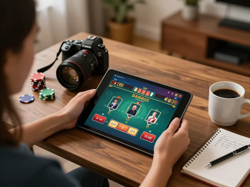Engaging in online casinos in Canada reddit for strategic gameplay at home with tablet and notes.