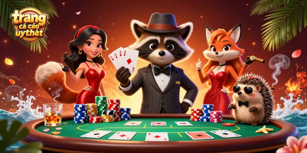 top trang cá cược uy tín trong một bối cảnh sôi động với các nhân vật hoạt hình và đồ chơi bài