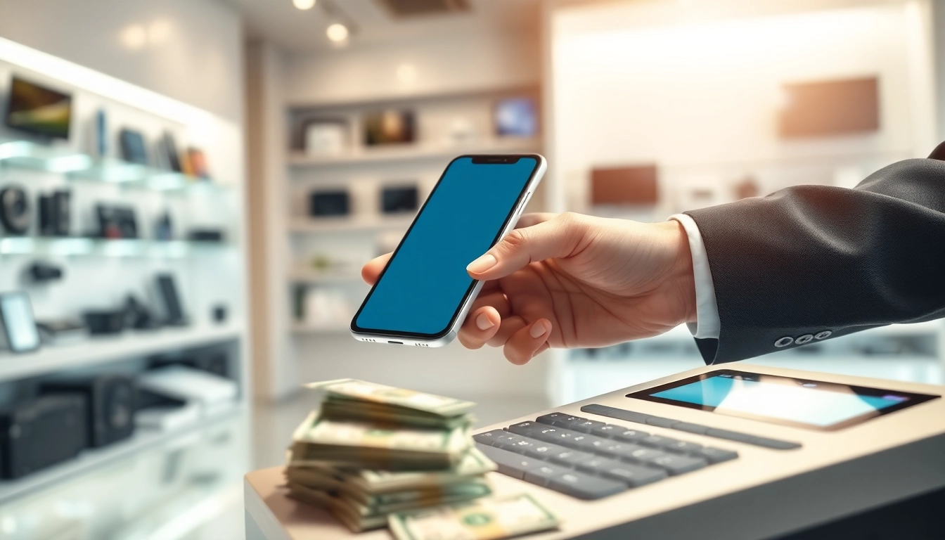 Exchange instant phone cash with a smartphone and cash register in a modern store.