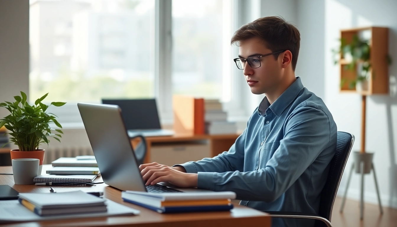 Student paying someone to sit my exam, focusing on an online test in a modern study environment.