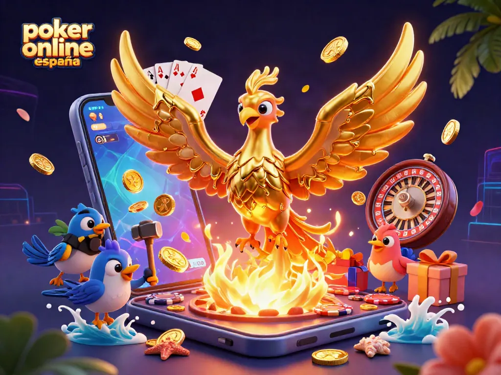 Juega póker online España con emoción, rodeado de cartas y fichas en una escena dinámica.