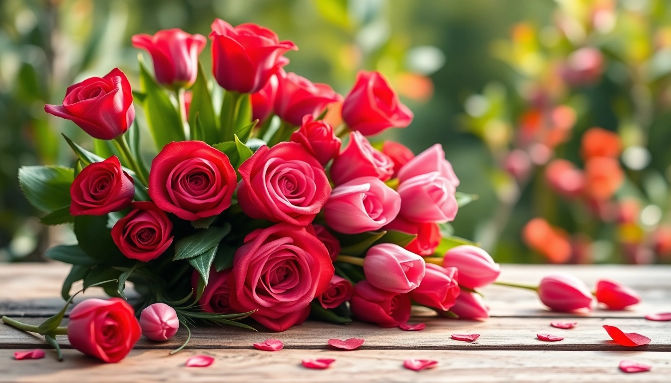 Beautiful arrangement of valentines flowers showcasing red roses and pink tulips.
