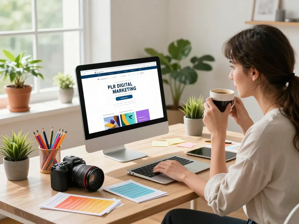 Professional woman creating marketing materials with PLR digital products for sale in modern home office