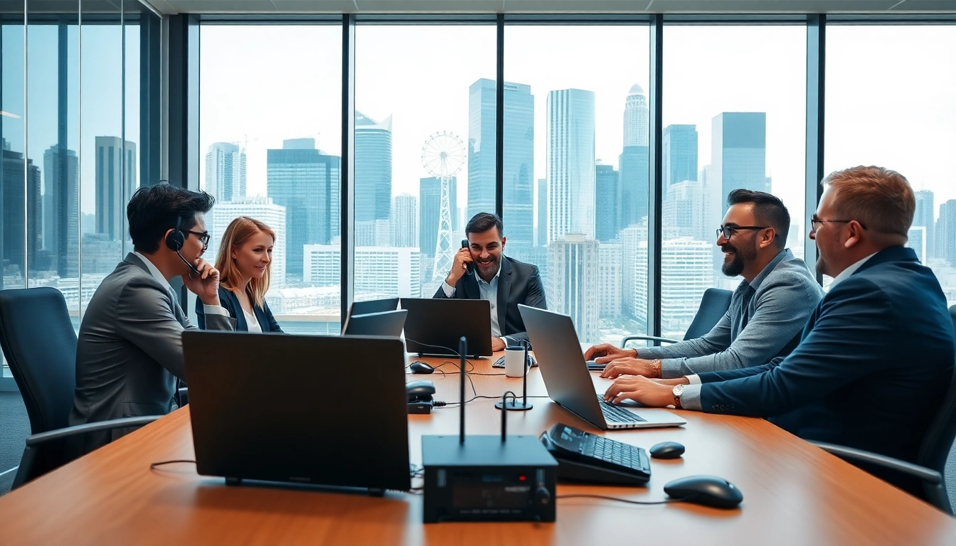 Engaging teamwork scene among business phone providers in a modern office.