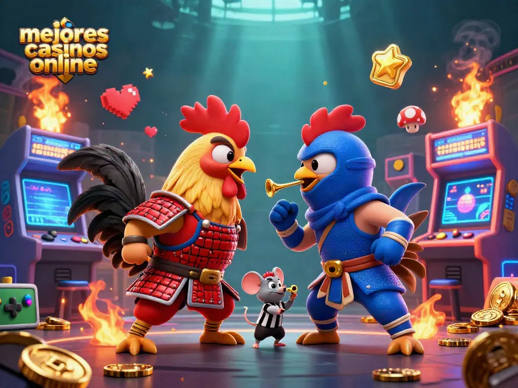 Disfruta de los mejores casinos online con una batalla épica entre gallos en un entorno vibrante.