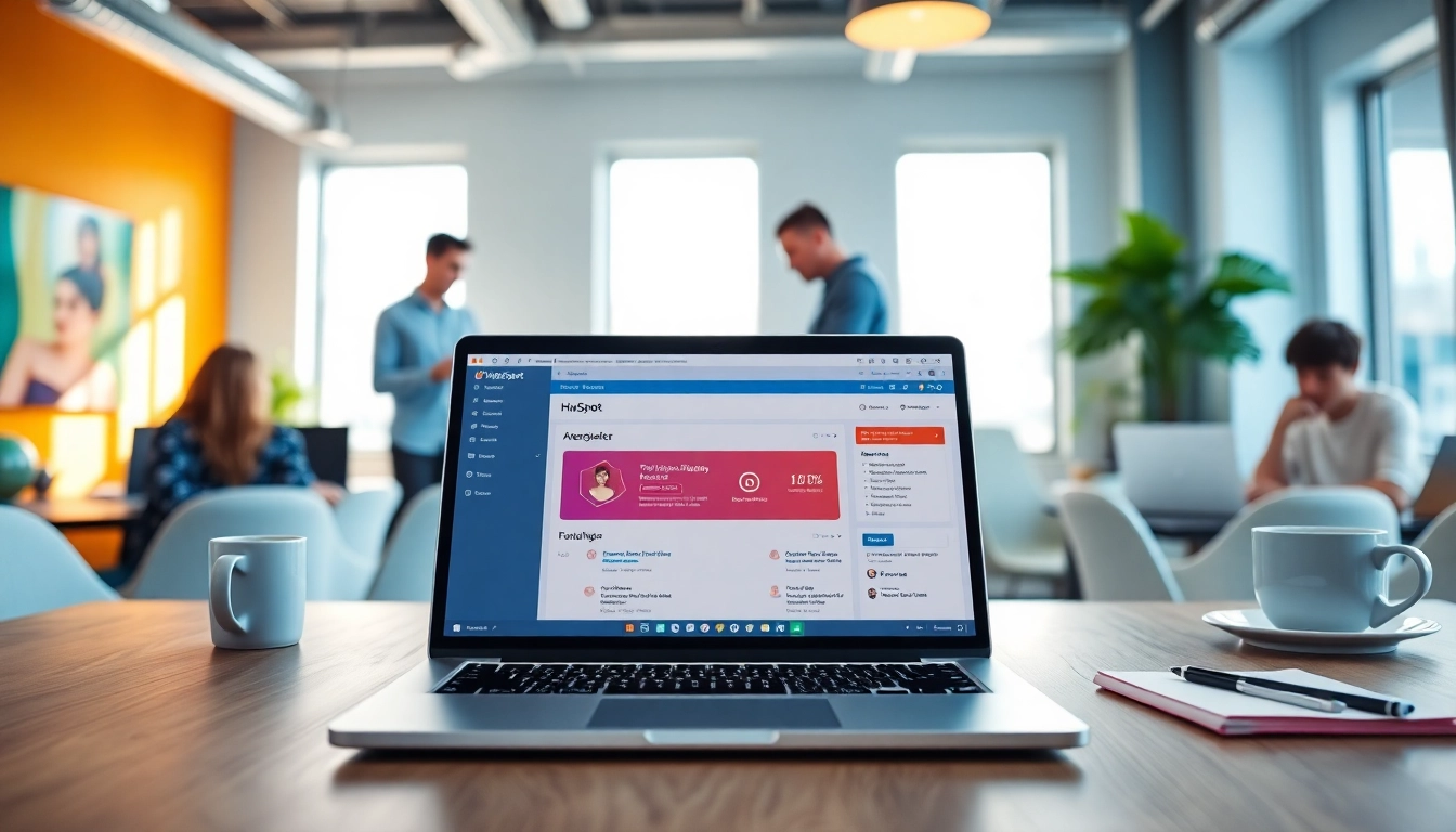Create an engaging hubspot marketing email on a sleek laptop showcasing teamwork.