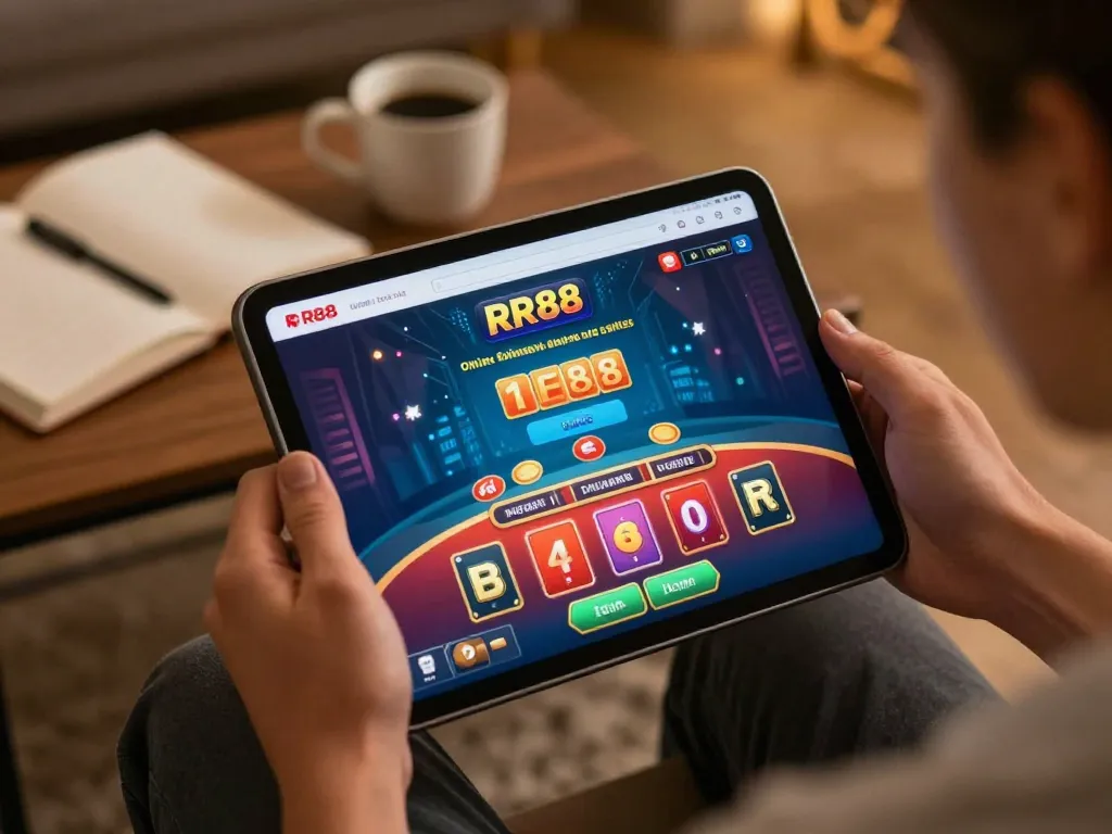 Engaging with the RR88 App for online casino gaming in a cozy home setting, showcasing live dealer action.