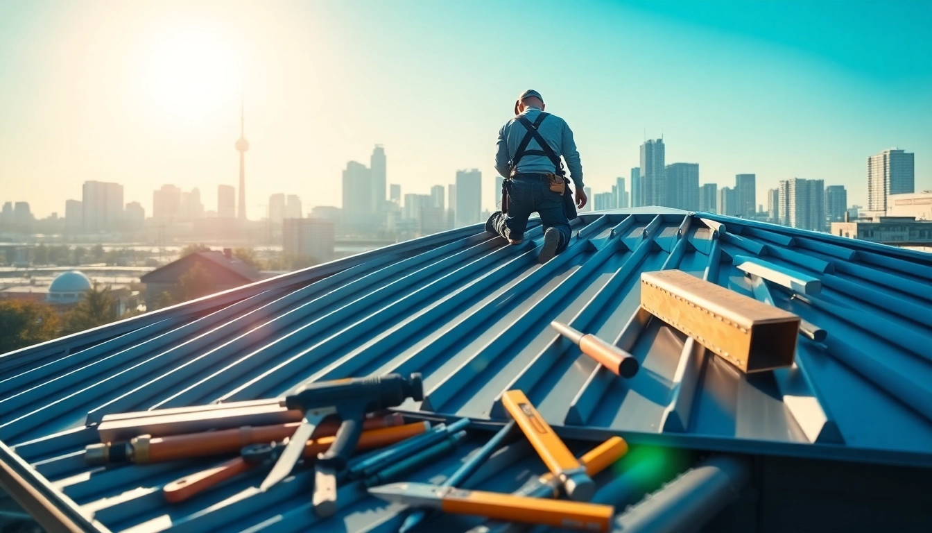 Showcasing installation of metal roofing toronto, highlighting durability and sleek design in an urban setting.