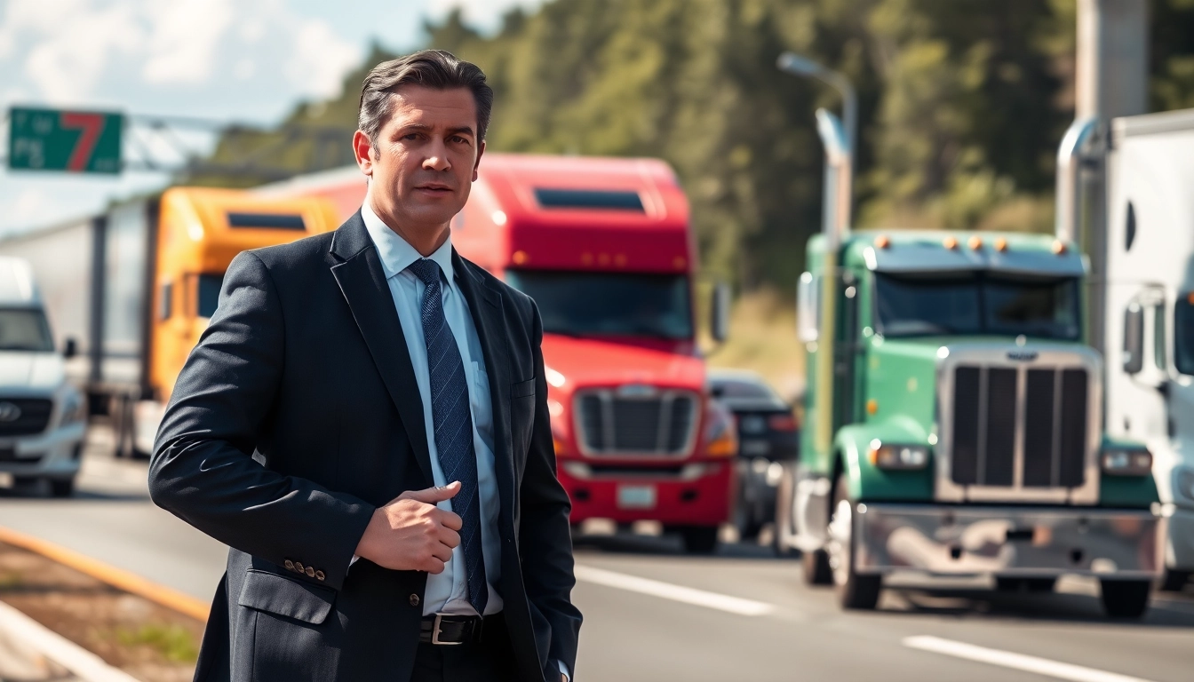 Clearwater truck accident attorney advising a client in front of an accident scene.